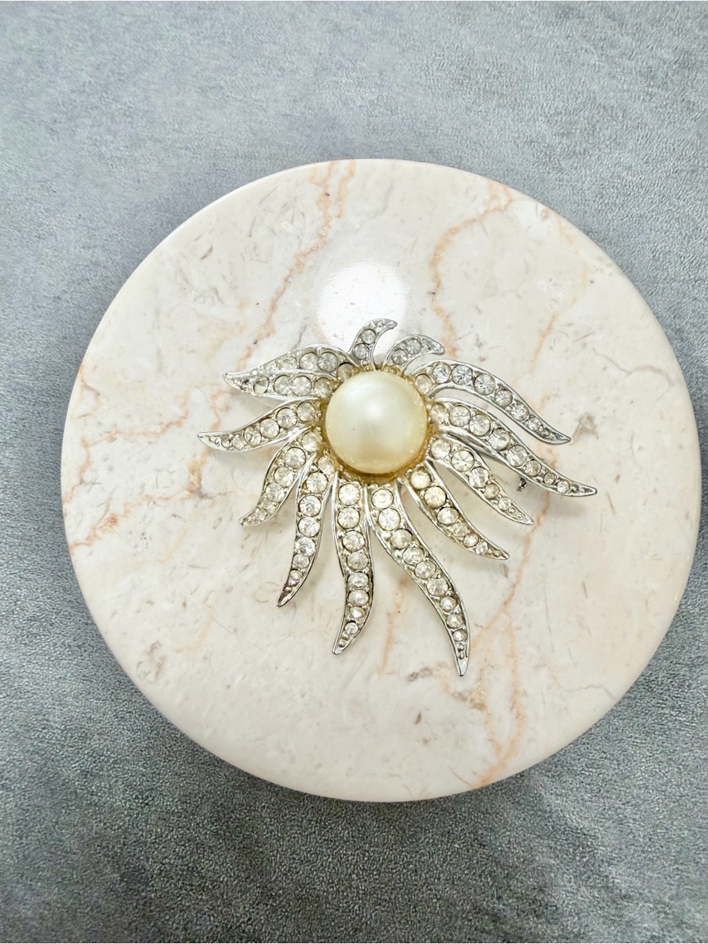 Vintage Signed Tara Sun Burst Brooch Silver Tone Floral Faux Pearl And Crystal